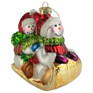 4" Snowman Sleigh Christmas Ornament Blown Glass Tree Hand Painted VTG